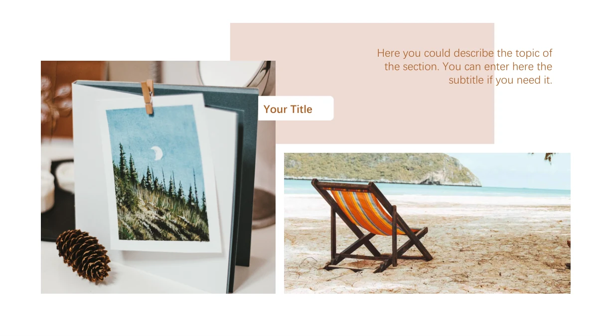 Modelo de Apresentação Diário de Viagem — Uma gravura de paisagem e uma cadeira dobrável na praia se sobrepõem a um painel rosado, com Your Title.