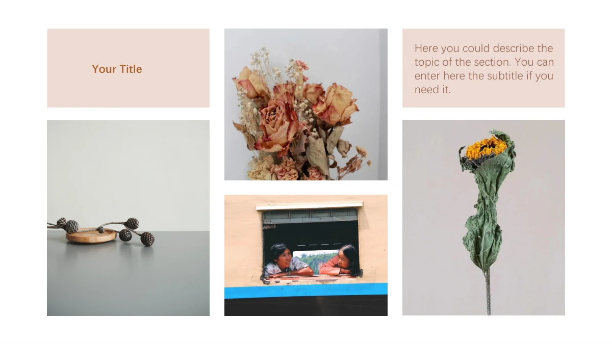 Modelo de Apresentação Diário de Viagem — Vagens, rosas secas, pessoas na janela de um trem e uma flor seca se combinam com painéis rosados.