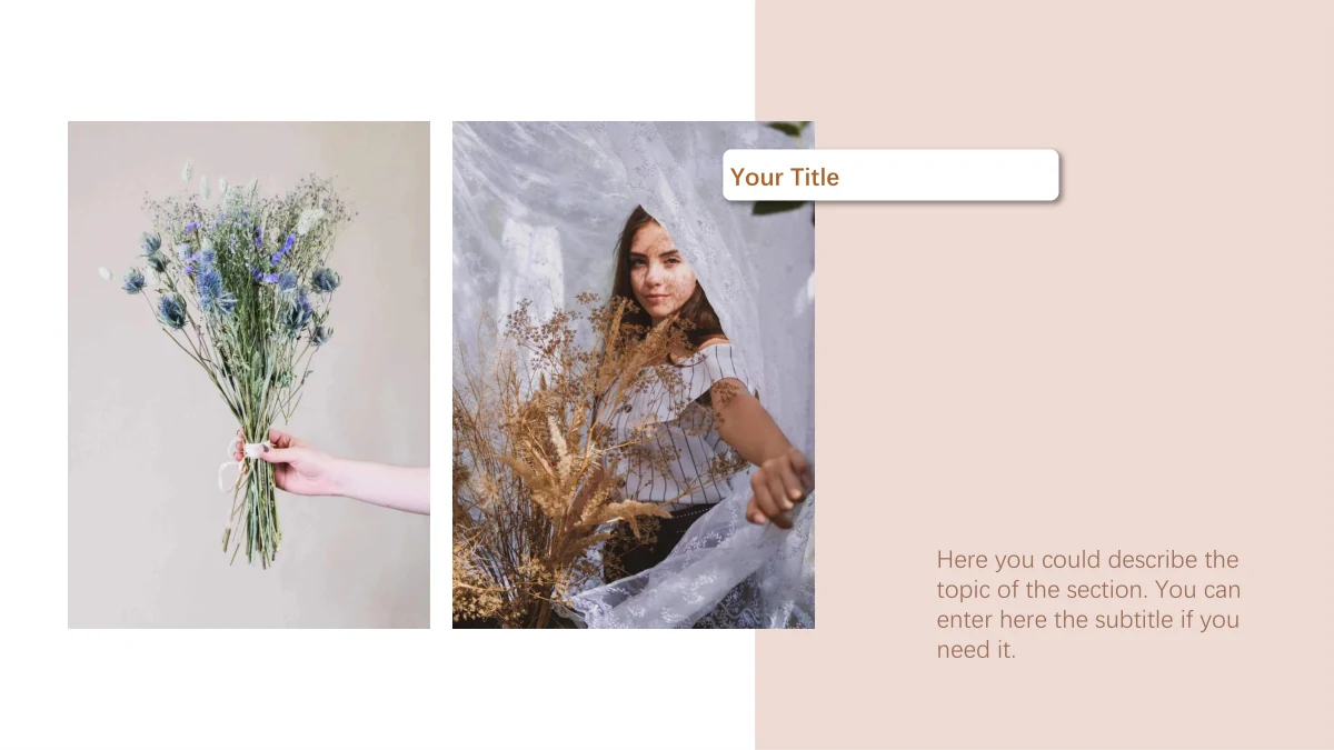 Modelo de Apresentação Diário de Viagem — Uma mão com um buquê e uma mulher entre flores secas estão em molduras verticais, junto a um painel rosado e notas.