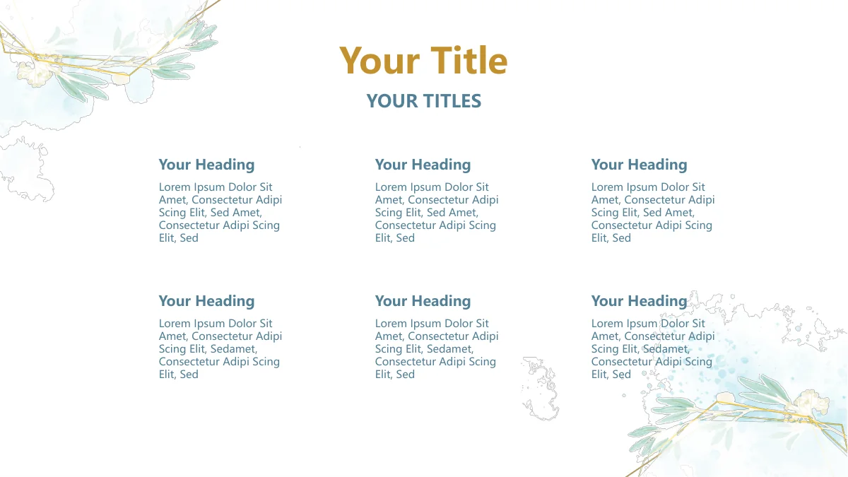 수채화 식물 모티브 — 4: 금색 Your Title 아래에 Your Heading과 라틴어 예시 문단을 3열 2행으로 배치하고 모서리에 식물 장식을 넣었습니다.