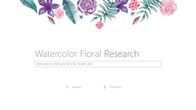 Modelo de pesquisa com flores em aquarela — capa: Uma faixa em aquarela de flores roxas e rosas atravessa o topo da capa branca. Abaixo ficam um título de pesquisa em duas cores, um subtítulo com moldura fina e pequenos campos para o apresentador.