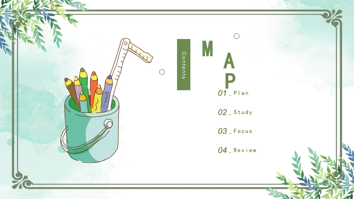 Watercolor Leaf Teaching Presentation Template: A staggered MAP title and Contents strip sit beside four numbered chapter entries: Plan, Study, Focus and Review. The pencil bucket repeats at left.