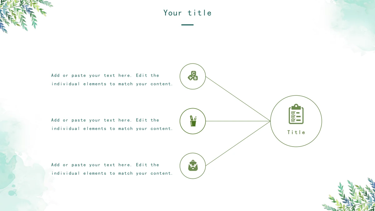 Watercolor Leaf Teaching Presentation Template: Three small icon circles connect with straight lines to a larger clipboard circle, with a short note beside each branch.