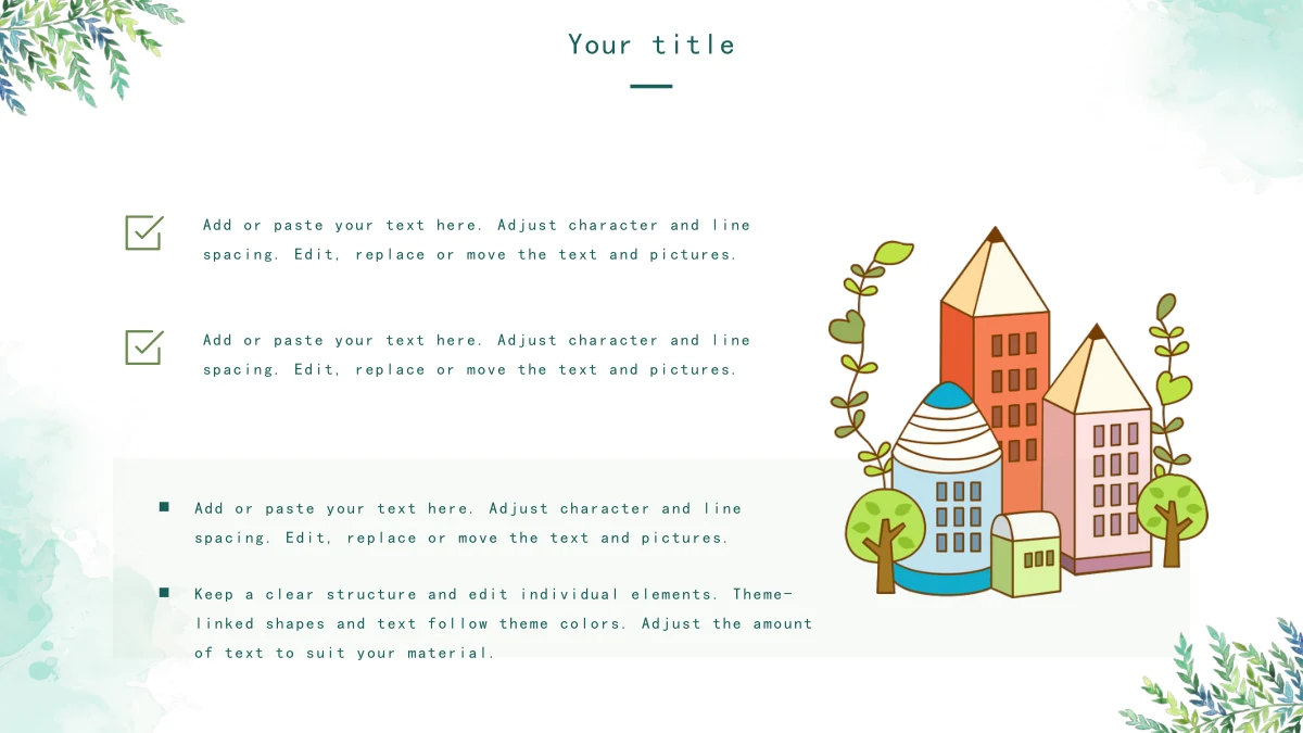 Watercolor Leaf Teaching Presentation Template: Two checked statements sit above a pale panel with two bullet notes, alongside an illustration of colorful houses and small trees.