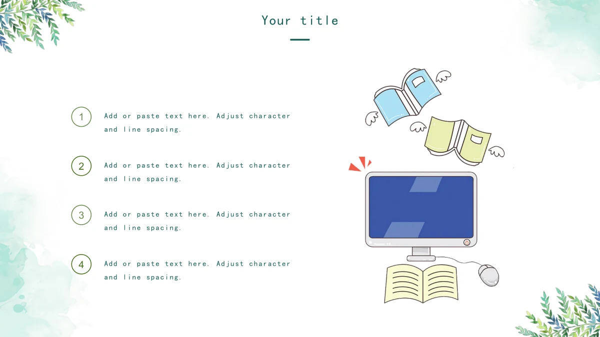 Watercolor Leaf Teaching Presentation Template: Four numbered notes form a left column beside a computer, flying books, an open book and a mouse illustration.