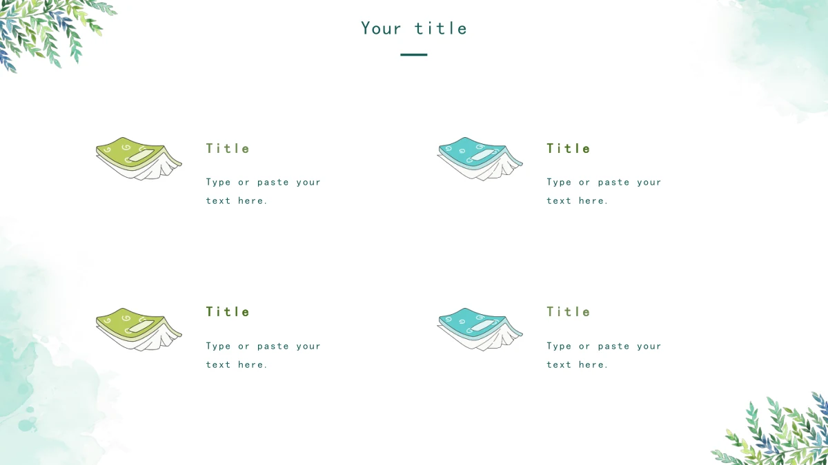 Watercolor Leaf Teaching Presentation Template: Four short notes form a two-by-two arrangement, each led by a green or teal open-book illustration.