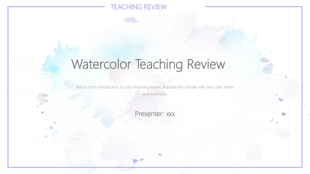 수채화 수업 회고 프레젠테이션 템플릿 — 1: 옅은 청록·라벤더 수채화 위에 Watercolor Teaching Review와 발표자 칸이 있으며 가는 보라색 테두리가 둘러쌉니다.