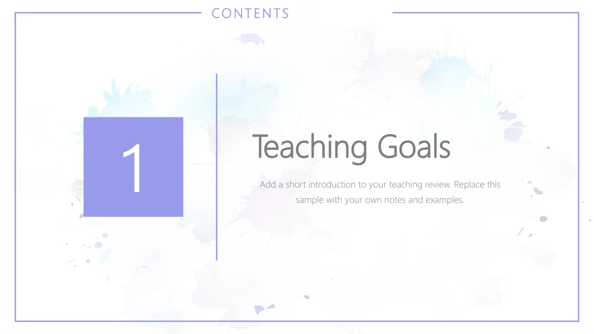 수채화 수업 회고 프레젠테이션 템플릿 — 3: 큰 보라색 네모 1에 Teaching Goals, 세로선과 짧은 예시 소개가 배치됩니다.