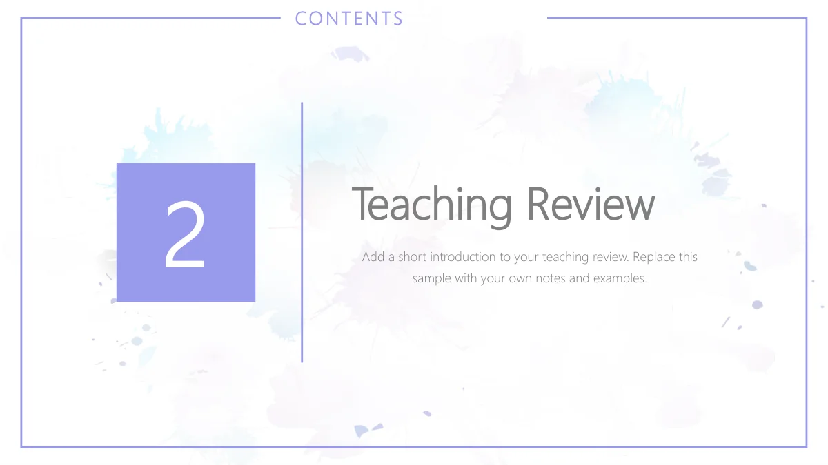 수채화 수업 회고 프레젠테이션 템플릿 — 7: 보라색 네모 2가 Teaching Review를 소개하며 같은 수채화 배경과 세로선을 반복합니다.