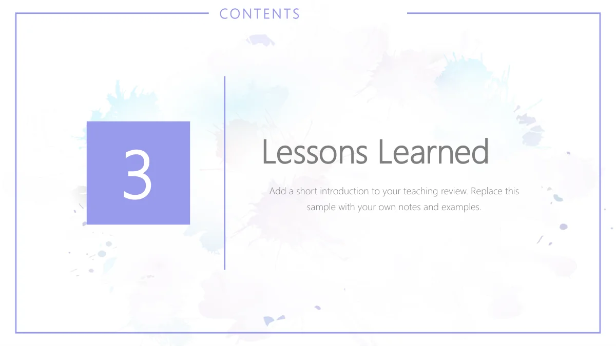 수채화 수업 회고 프레젠테이션 템플릿 — 11: 보라색 네모 3이 Lessons Learned와 짧은 예시 소개를 보여 줍니다.