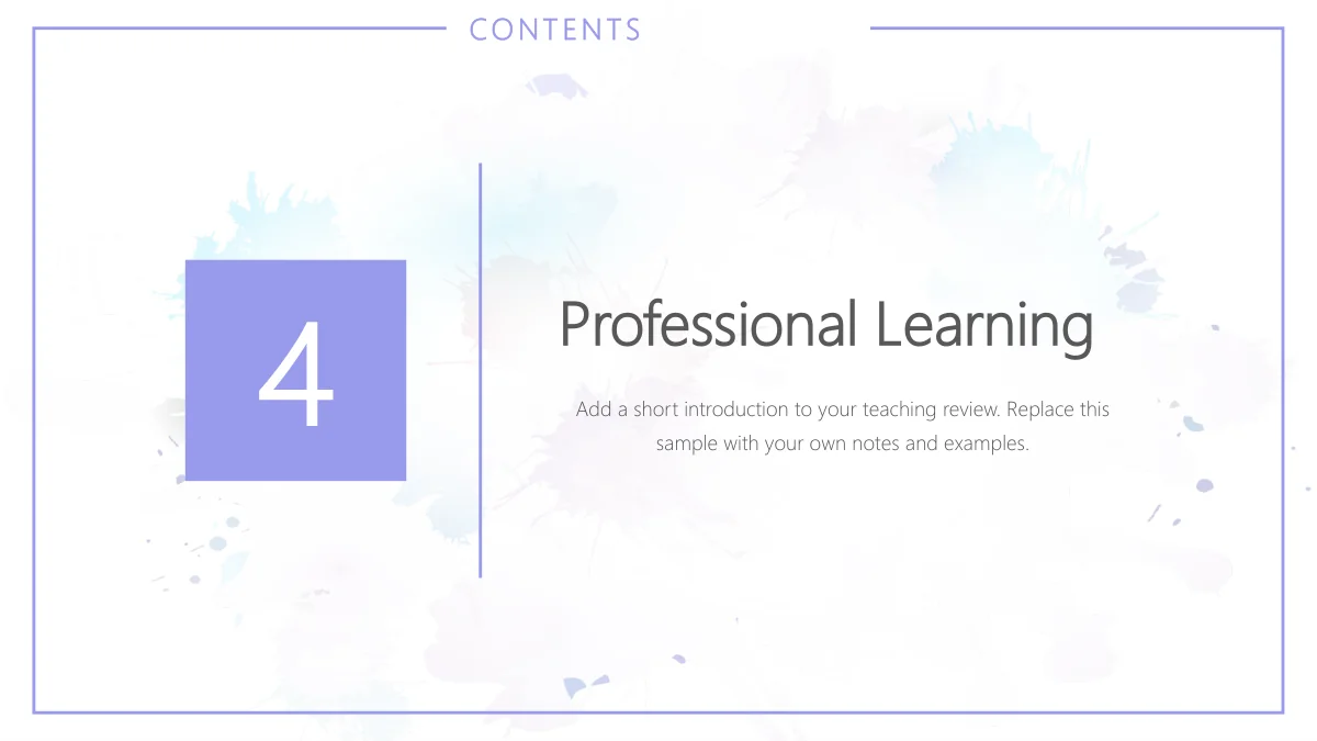 수채화 수업 회고 프레젠테이션 템플릿 — 15: 보라색 네모 4가 Professional Learning, 세로선과 예시 소개를 보여 줍니다.