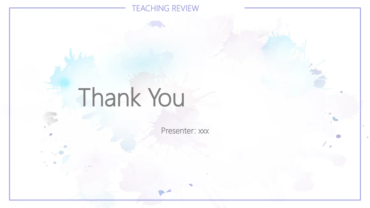 수채화 수업 회고 프레젠테이션 템플릿 — 19: 수채화, 보라색 테두리와 TEACHING REVIEW 머리글 위에 Thank You와 발표자 칸을 둡니다.