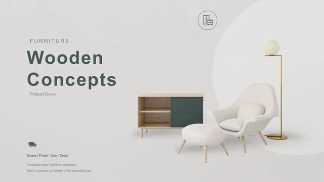 Wooden Concepts Furniture Presentation Template: Slide 1. A wooden cabinet, white chair and footstool sit beside a globe lamp on a soft gray cover.
