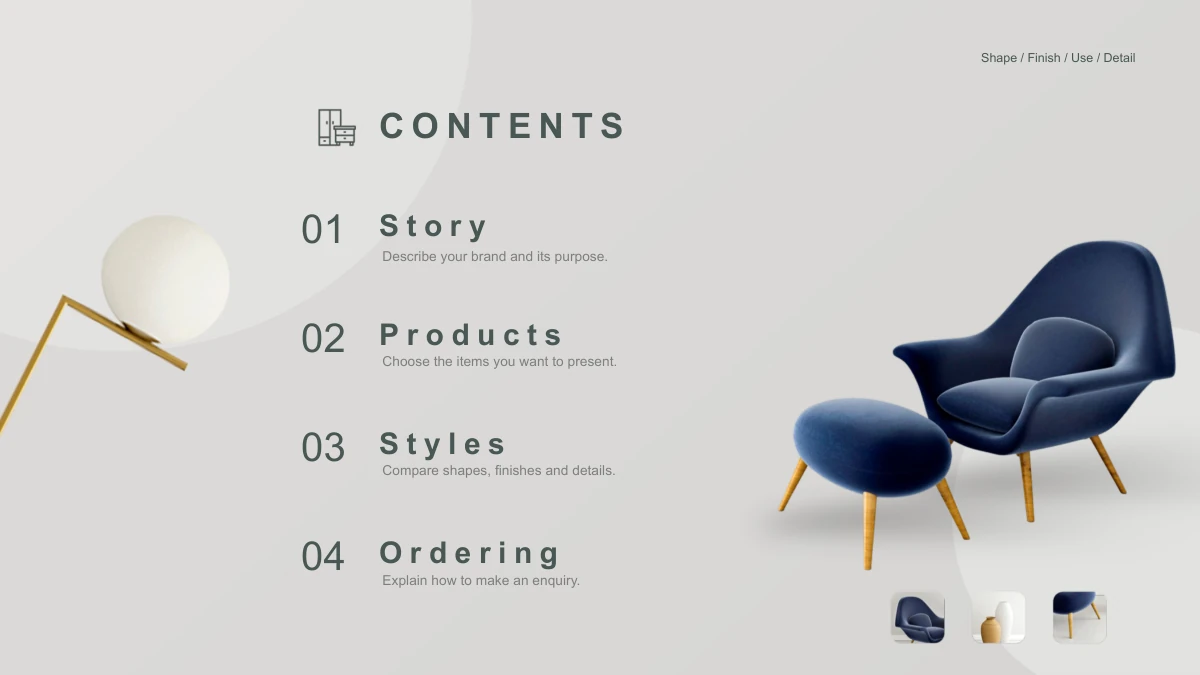 Wooden Concepts Furniture Presentation Template: Slide 2. A navy chair and footstool accompany the four topic headings for story, products, styles and ordering.