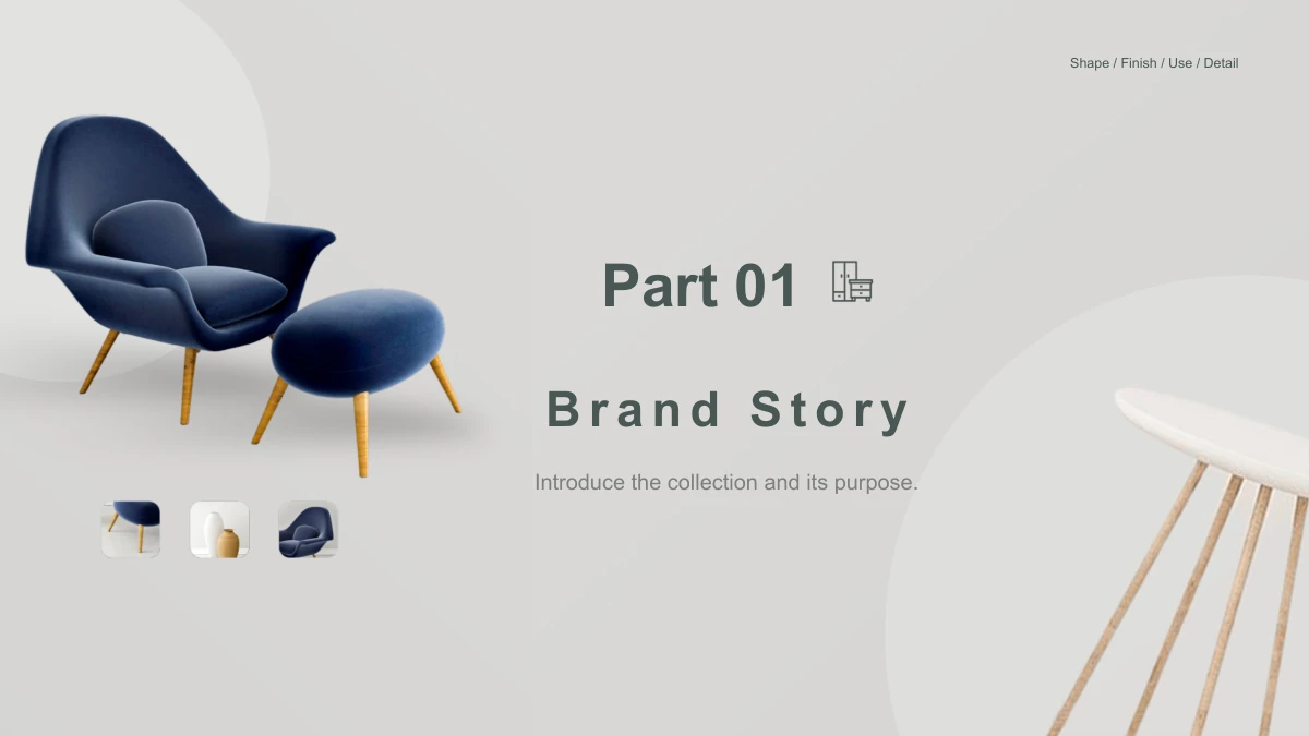 Wooden Concepts Furniture Presentation Template: Slide 3. Part 01 introduces the brand story beside a navy chair, footstool and small detail thumbnails.