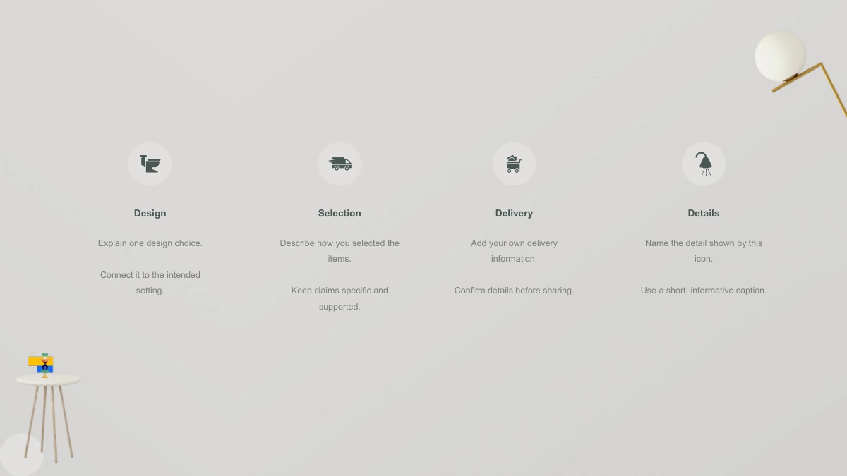 Wooden Concepts Furniture Presentation Template: Slide 4. Four small furniture and delivery icons head short design, selection, delivery and detail notes.