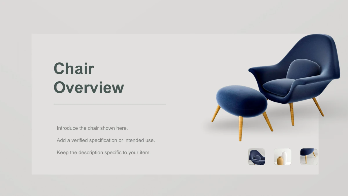 Wooden Concepts Furniture Presentation Template: Slide 5. A navy chair and matching footstool face a title, three short notes and rounded detail thumbnails.