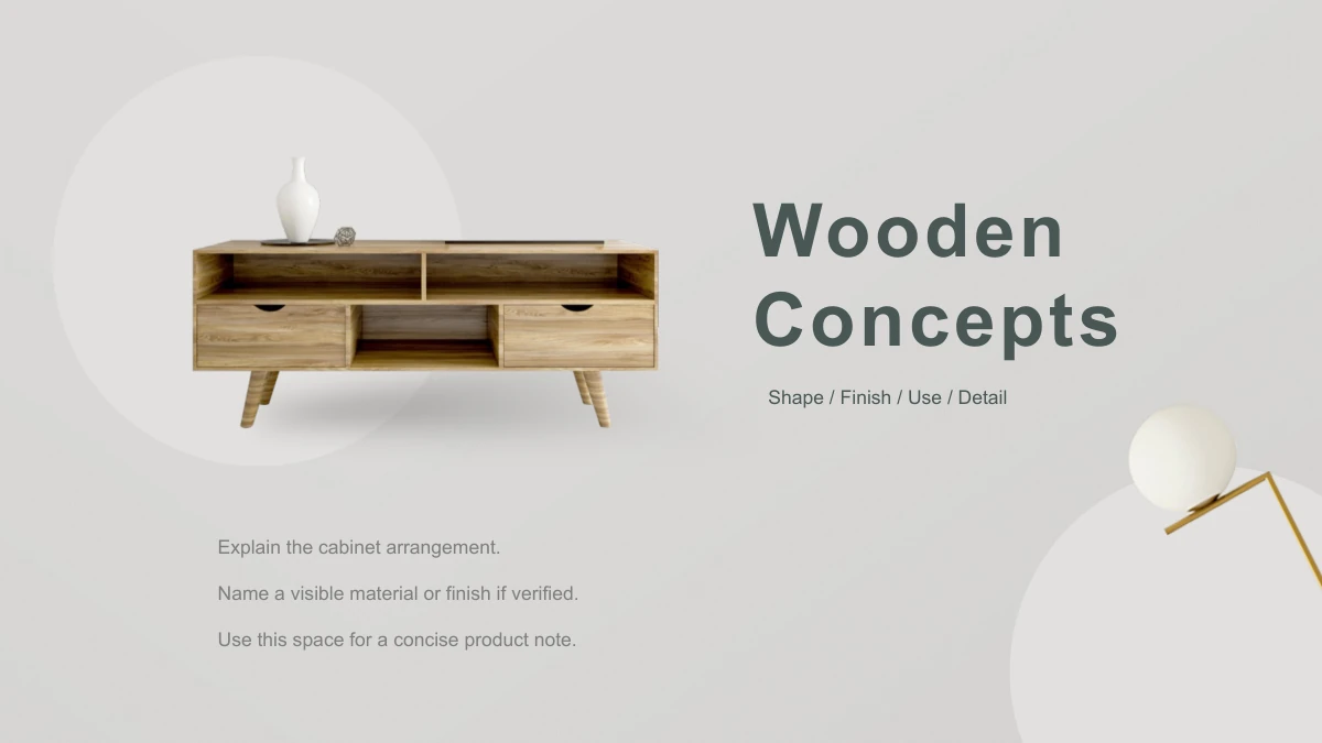 Wooden Concepts Furniture Presentation Template: Slide 6. A wooden cabinet and vase sit within a pale circle beside the Wooden Concepts title and three notes.