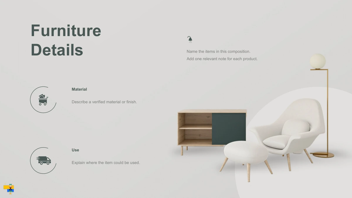 Wooden Concepts Furniture Presentation Template: Slide 8. Material and use notes sit beside a white chair, footstool, cabinet and lamp arrangement.