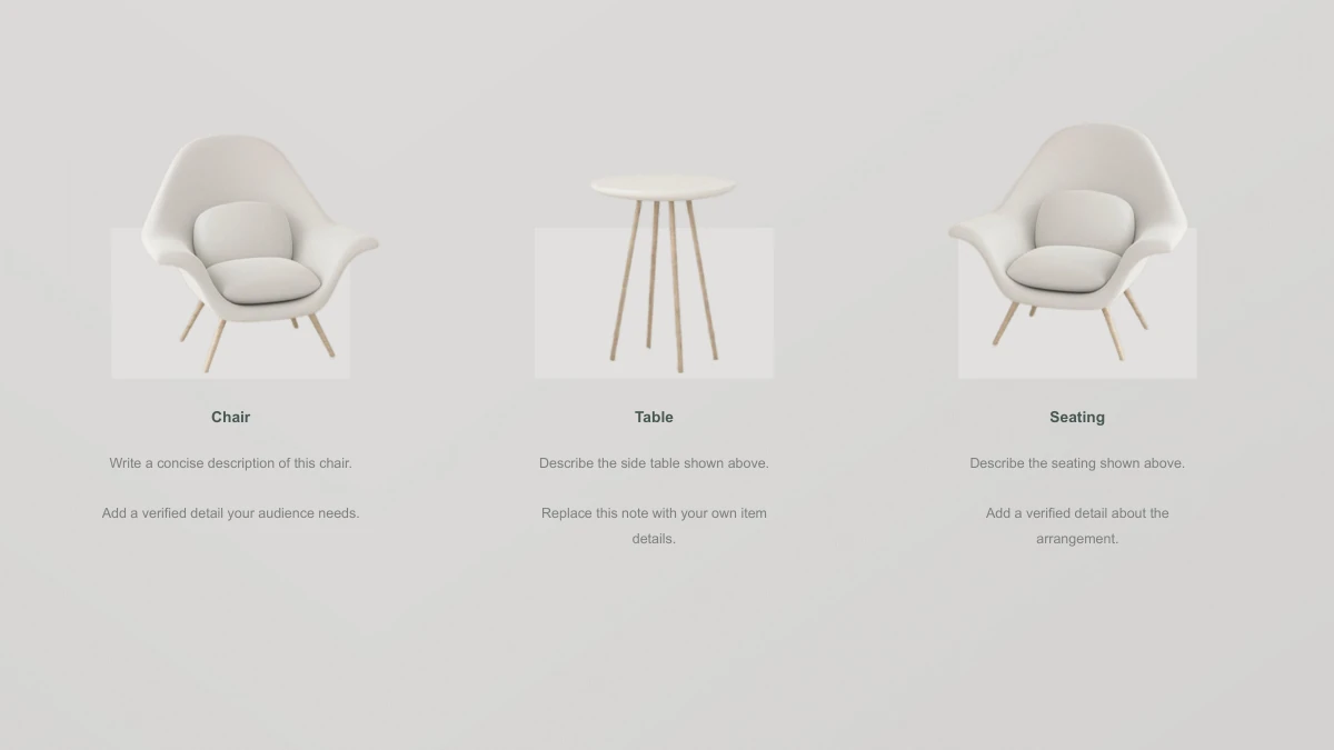 Wooden Concepts Furniture Presentation Template: Slide 10. Two white chair views and a side table appear above three brief item descriptions.