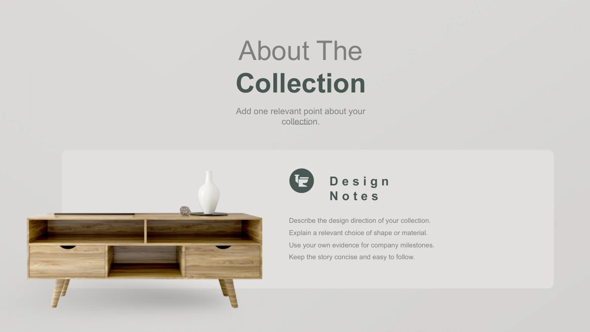 Wooden Concepts Furniture Presentation Template: Slide 12. A cabinet and vase share a wide pale card with an icon, a heading and four design notes.