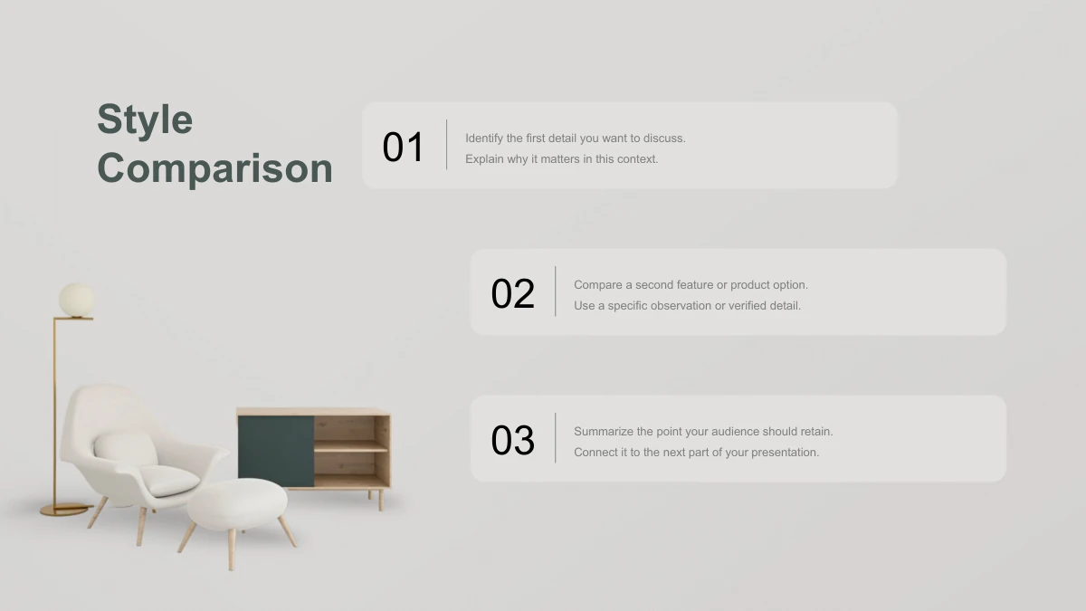 Wooden Concepts Furniture Presentation Template: Slide 13. Three rounded blocks numbered 01, 02 and 03 sit beside a compact furniture composition.