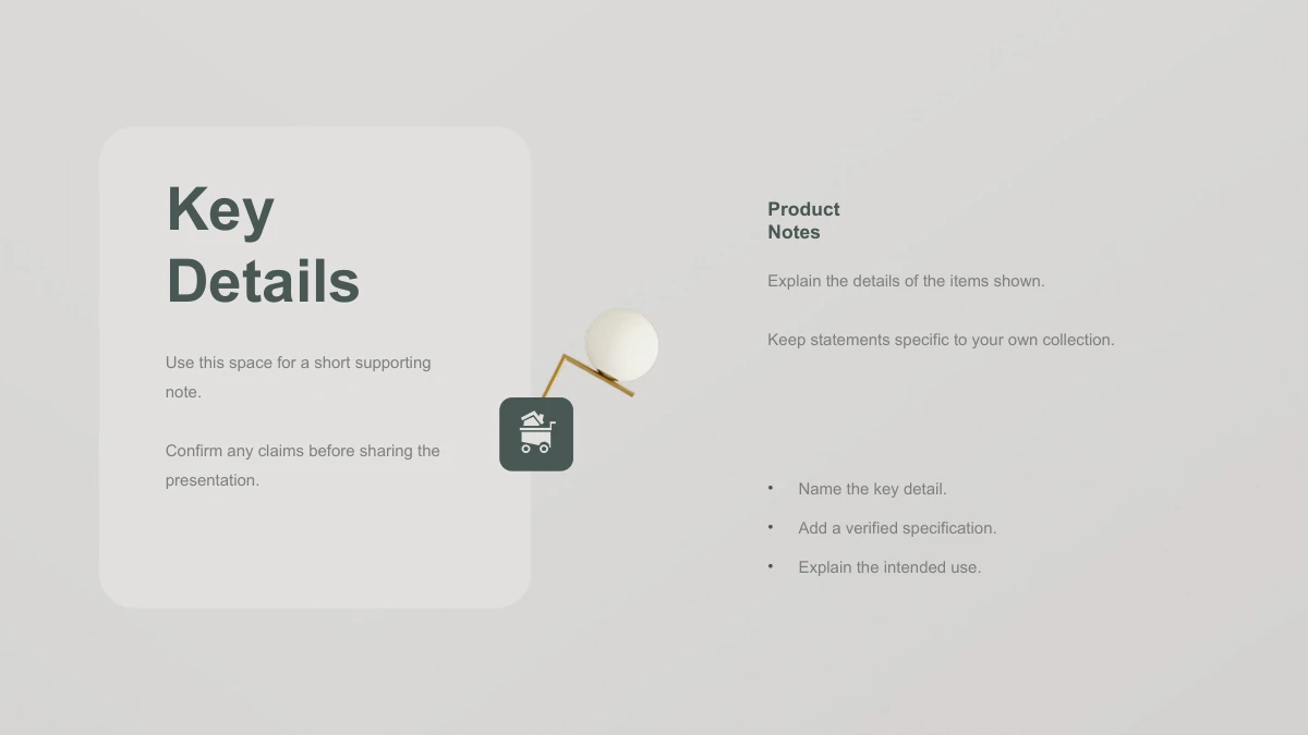 Wooden Concepts Furniture Presentation Template: Slide 14. A pale title card faces product notes and three bullet points, separated by a furniture icon.