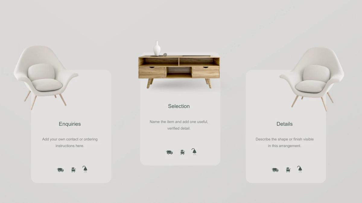 Wooden Concepts Furniture Presentation Template: Slide 16. Three vertical pale cards pair chair and cabinet cutouts with enquiry, selection and detail text.