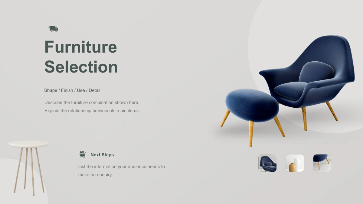 Wooden Concepts Furniture Presentation Template: Slide 17. A navy chair and footstool face a furniture selection title, supporting notes and a next steps block.