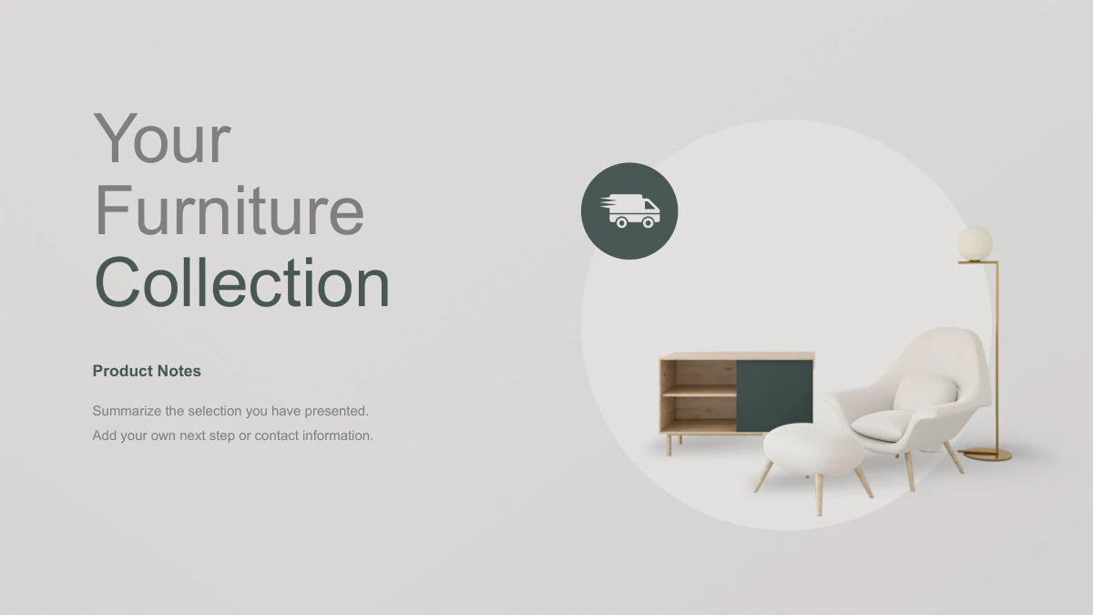 Wooden Concepts Furniture Presentation Template: Slide 18. A large three line collection title faces a cabinet, white chair, footstool and lamp inside a pale circle.