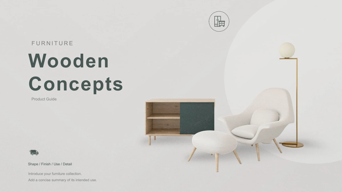 Wooden Concepts Furniture Presentation Template: Slide 19. The final page repeats the Wooden Concepts opening with the white chair, cabinet, footstool and lamp.