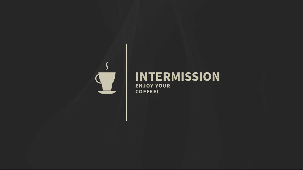 Pausa para café com uma xícara, uma linha vertical e uma mensagem breve.