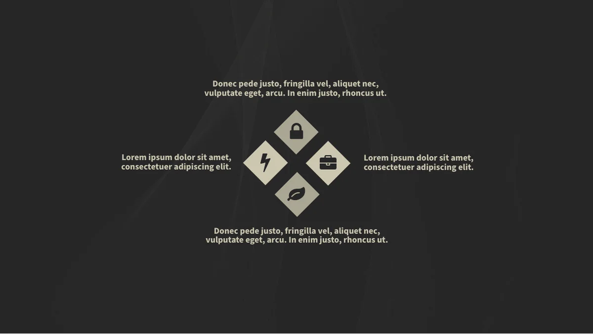 Quatro losangos com ícones no centro e texto de exemplo ao redor.