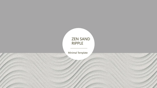 Modelo de Apresentação Ondas na Areia Zen — Capa cinza e branca com um título circular sobre uma foto de areia rastelada.