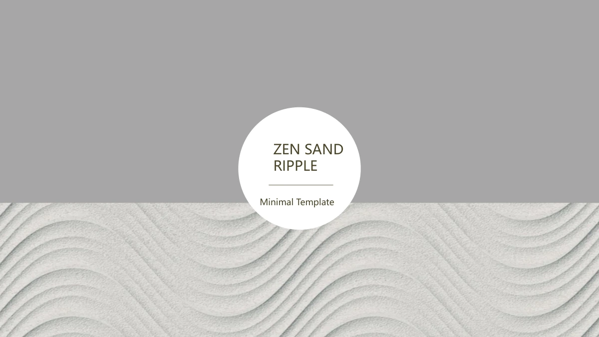 Modelo de Apresentação Ondas na Areia Zen — Capa cinza e branca com um título circular sobre uma foto de areia rastelada.