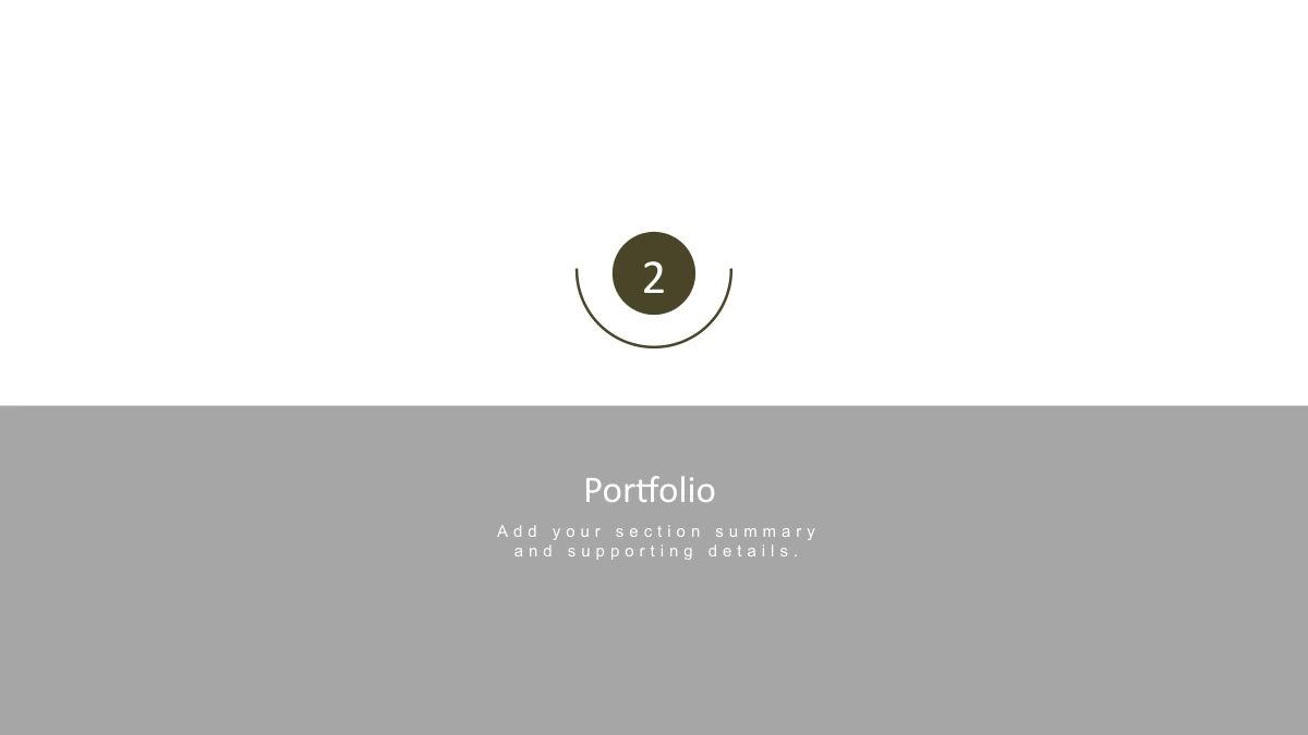 Modelo de Apresentação Ondas na Areia Zen — O número 2 e um anel aberto introduzem Portfolio sobre um painel cinza.
