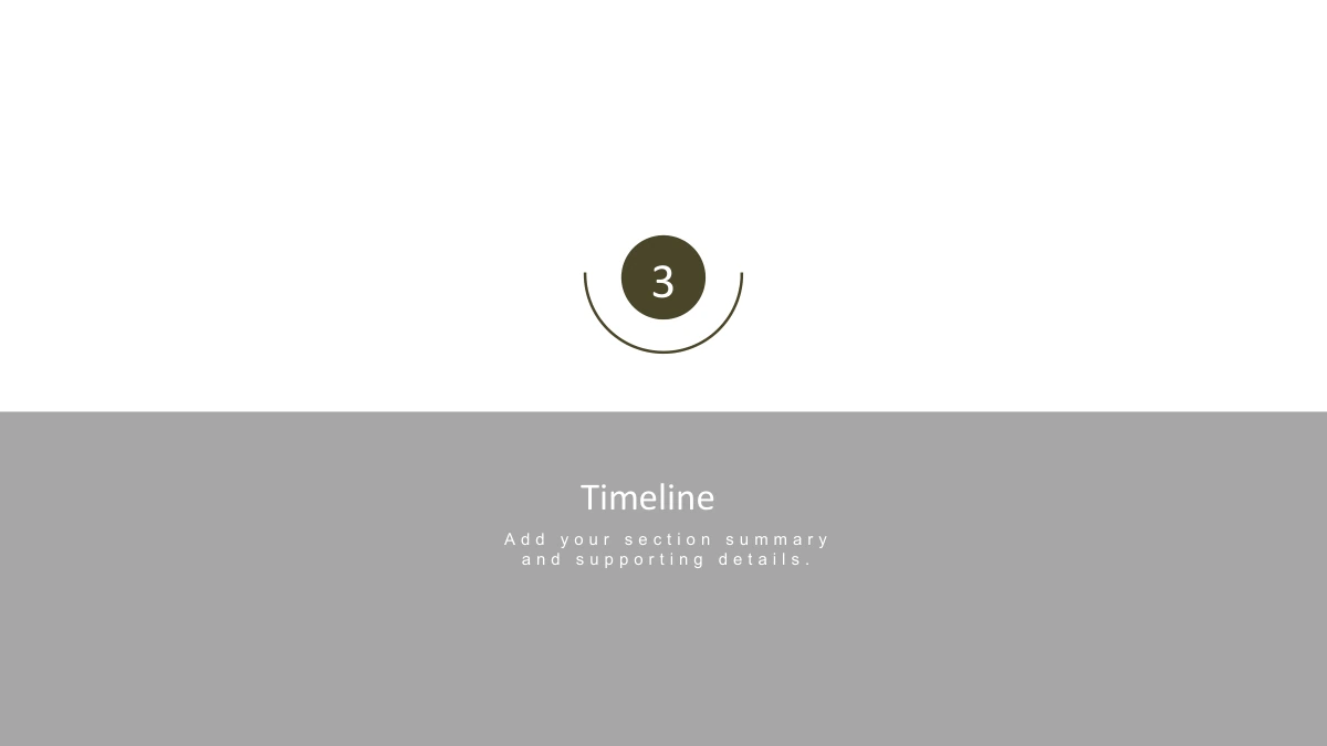 Modelo de Apresentação Ondas na Areia Zen — O número 3 e um anel aberto introduzem Timeline sobre um painel cinza.