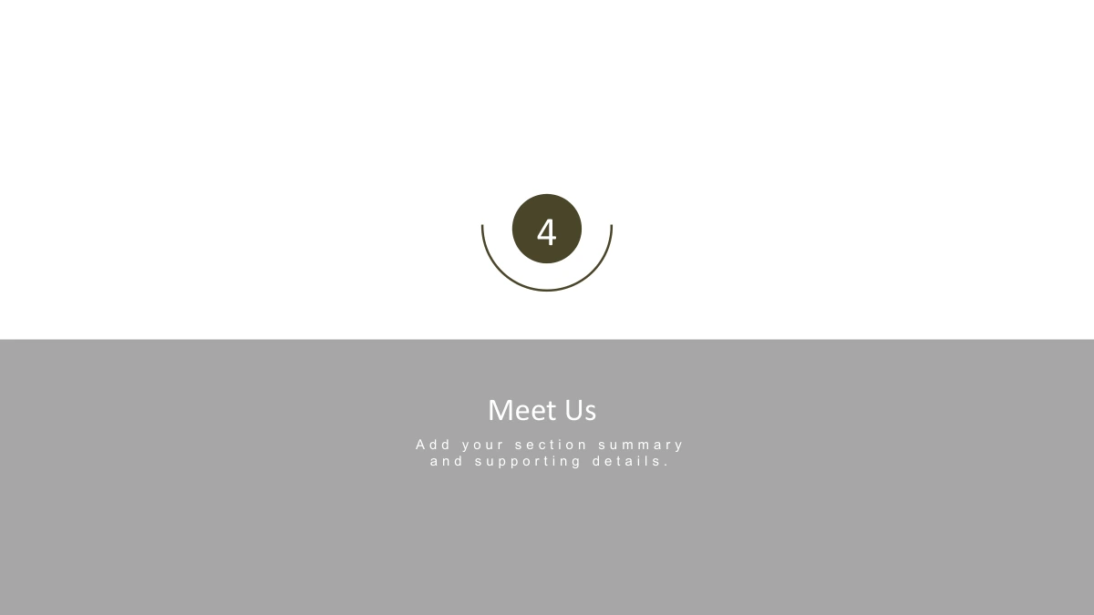 Modelo de Apresentação Ondas na Areia Zen — O número 4 e um anel aberto introduzem Meet Us sobre um painel cinza.