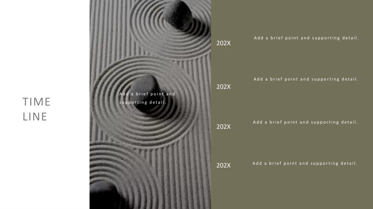 Modelo de Apresentação Ondas na Areia Zen — Uma foto de pedras e um painel oliva acompanham quatro etiquetas 202X originais.
